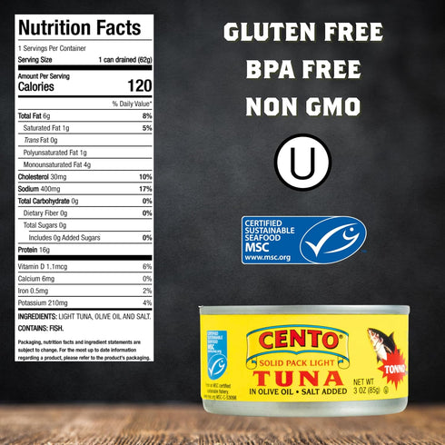 Cento Pack 3 Oz (Pack 12), Solid Light Tuna in Olive Oil, of High Protein, MSC Certified, Wild Caught Tuna Fish