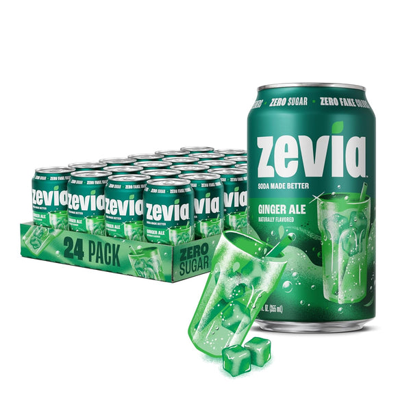 Zevia Zero Sugar Soda, Ginger Ale, 12 oz Cans (24-Pack) Naturally Sweetened,