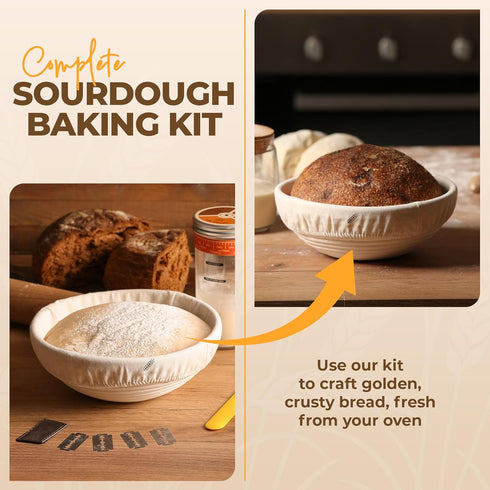 BAKERIA 9" Set Round Banneton Bread Proofing Basket with Starter Jar, Linen Liner, Bread Lame, Dough & Bench Scraper