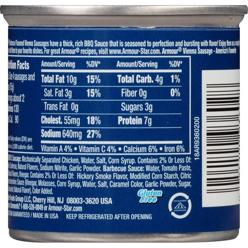 Armour 7g 4.6 oz. Pack 24) Star Vienna Sausage, BBQ Flavored, Ready to Eat Canned Sausage, Protein Per Serving, (Bulk