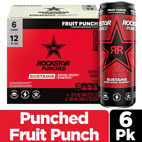 12 oz (6 Pack) Rockstar Punched Energy Drink, Fruit Punch, fl Cans