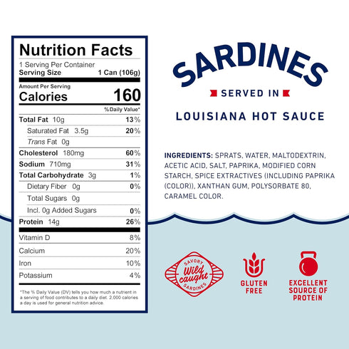 3.75 oz (Pack 12) 14g Beach Cliff Wild Caught Sardines in Louisiana Hot Sauce, Can of - Protein per Serving - Gluten