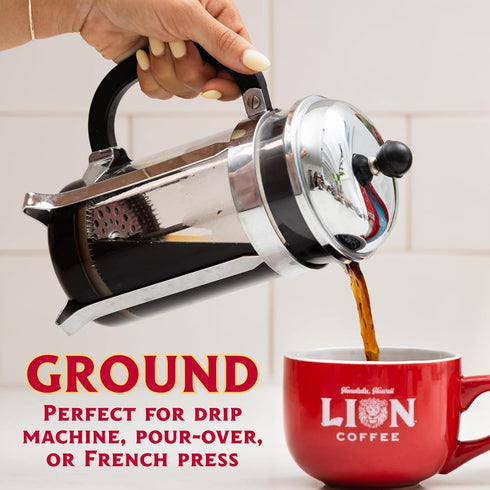 10% 24 Lion Coffee Premium Gold Roast, Kona Coffee Blend, Medium-Light Roast, A Taste of Aloha - Ground, Ounce Bag