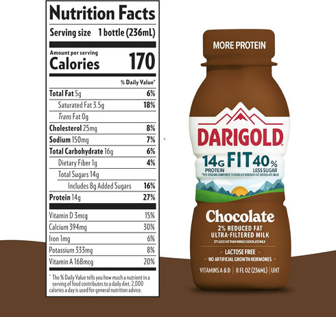 14g 40% 8oz 18 Pack DARIGOLD FIT - Ultra-Filtered, Low Fat, Lactose Free Chocolate Milk - Protein, Less Sugar