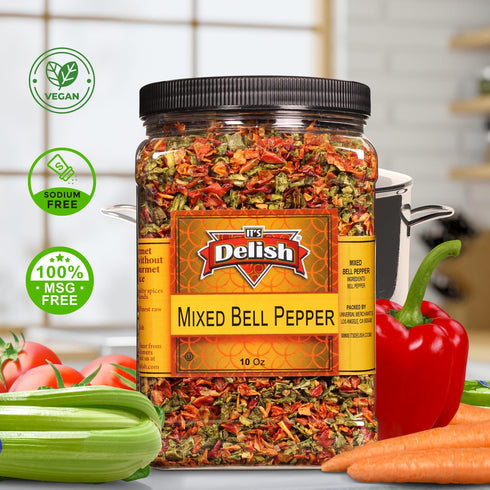 16 Oz (1 lb) Dehydrated Dried Red and Green Bell Peppers Mix by It's Delish, Jumbo Reusable Container | Bulk Mixed Bell