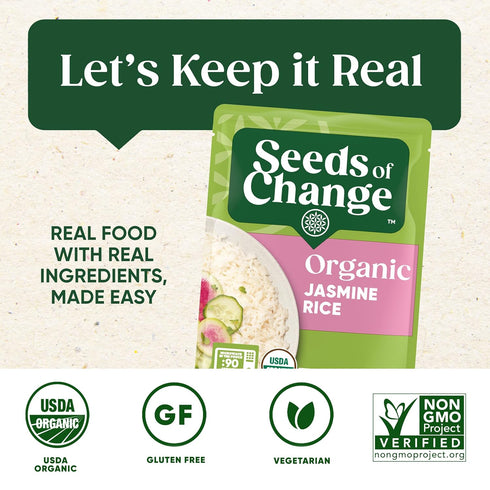 SEEDS OF CHANGE Certified Organic Jasmine Rice, Organic Food 8.5 OZ Pouch.
