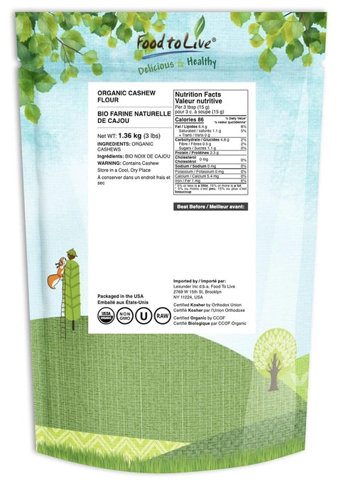 3 Food to Live Organic Cashew Flour, Pounds - Non-GMO, Finely Ground Nuts, Raw Powder, Natural, Paleo, Kosher, High