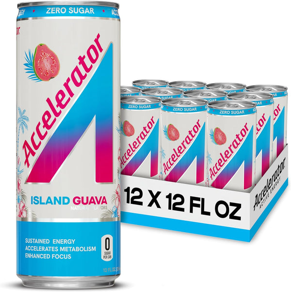 Accelerator Energy Drink, Island Guava 12oz can (12 pack), Zero Sugar, Sustained
