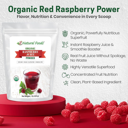 1 lb Z Natural Foods Organic Red Raspberry Juice Powder - Antioxidant-Rich Superfood - Powdered Raspberries for Baking