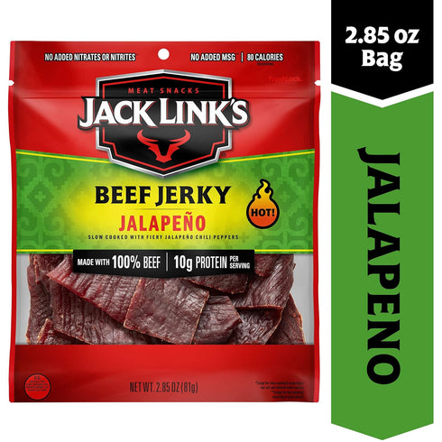 10g 80 100% 2.85 Oz. Jack Link's Beef Jerky, Jalapeno Flavorful Meat Snack, Ready to Eat Protein Snack with of Protein