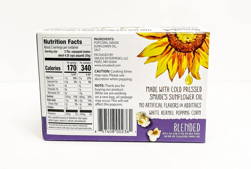 Smude's Brand All Natural Microwave Popcorn - Blended | Blend of White & Yellow Popcorn | 3 Simple Ingredients – Popcorn, Smude’s Sunflower Oil, & Salt | Healthy Snack, Heart Healthy, Whole Grain | Gluten Free, Dairy Free, Non-GMO, Vegan, Kosher | PFAS-Fr