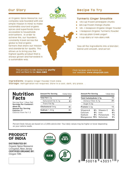 Organic Ginger Powder | 8 oz (226g) | USDA Organic, Non-GMO Verified | 100% Raw and Natural | Resealable Kraft Bag