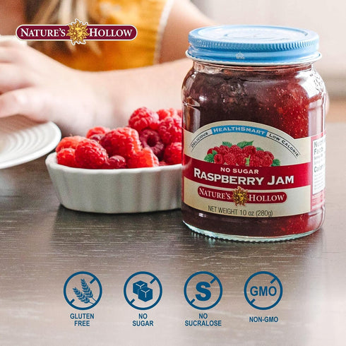 10oz Pack 6 Nature's Hollow Raspberry Jam: Sugar Free Jam and Preserves, Low Cal, Non GMO, Keto Jam, Vegan, Gluten