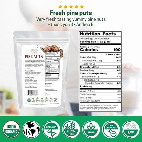 Packed 1 lb Z Natural Foods Organic Pine Nuts - Raw Nutrient-Dense Superfood in Airtight Foil Pouches - Pure Pine Nut