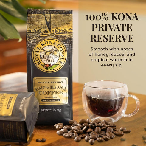 100% 7 oz ROYAL KONA COFFEE Whole Bean - Hawaiian Kona Whole Bean Coffee Medium Roast