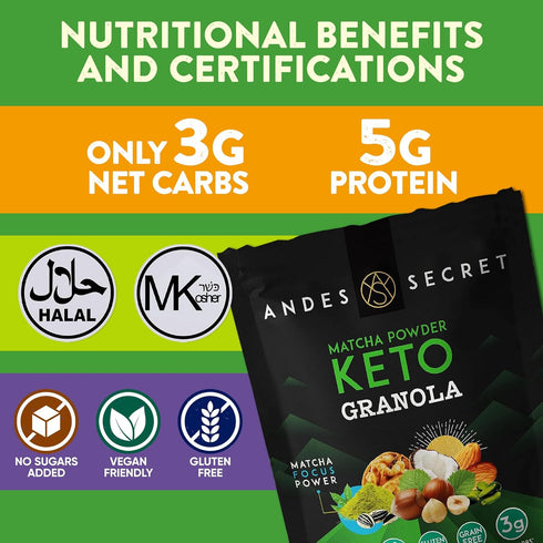 11 oz (1 Pack) Andes Secret Matcha Powder Granola - Almonds, Hazelnuts - Keto High Protein Granola with No Sugar, Grain