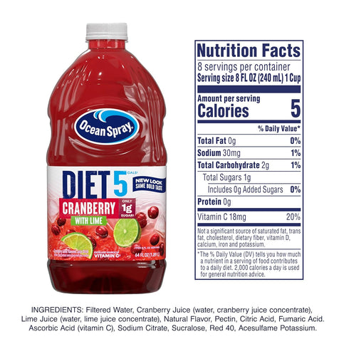 64 Oz (Pack 5) Ocean Spray Diet Cranberry with Lime Juice Drink, Fl Bottle