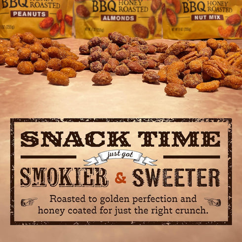Pack 9 oz (Pack 3) Rufus Teague BBQ Nut Variety Smoky, Sweet & Crunchy Honey Roasted Nuts Almonds, Peanuts, Cashews