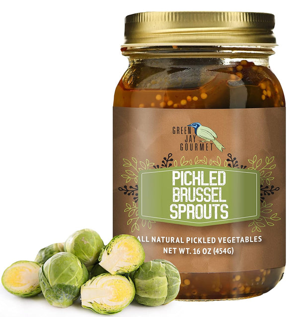Green Jay Gourmet Pickled Brussel Sprouts in a Jar - Fresh Hand