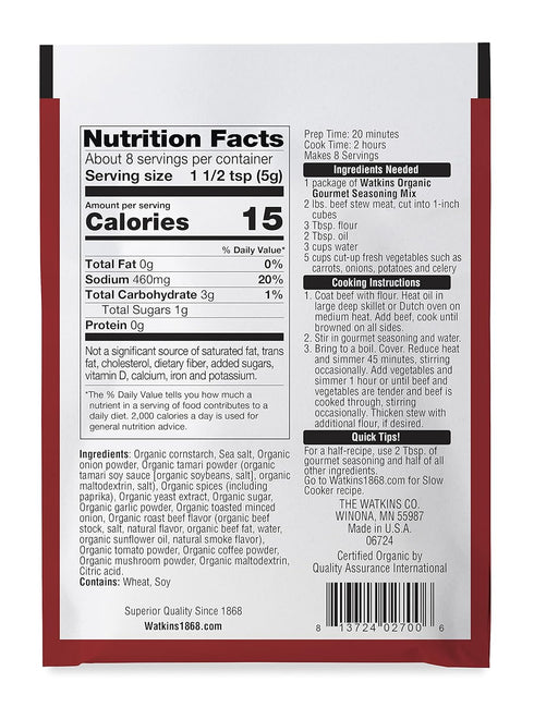 1.5 Oz. 1 Count Watkins Organic Gourmet Seasoning Mix, Beef Stew, Pouch