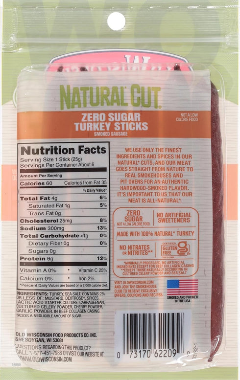 5 Old Wisconsin Natural Cut Turkey Sausage Snack Sticks, Zero Sugar, Naturally Smoked, Ready to Eat, High Protein, Low
