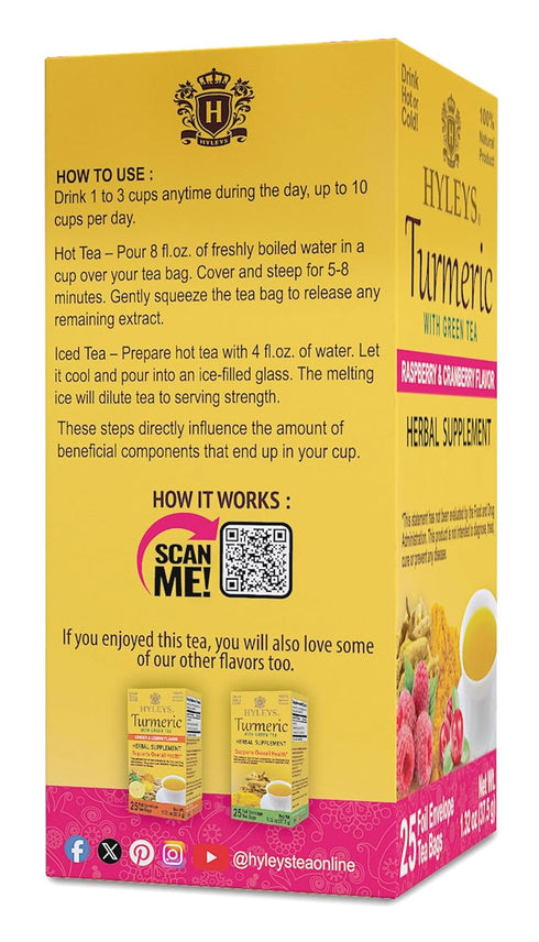 Hyleys Turmeric Tea - Raspberry & Cranberry Flavors, 25 Tea Bags - Wellness Herbal Supplement Green Tea