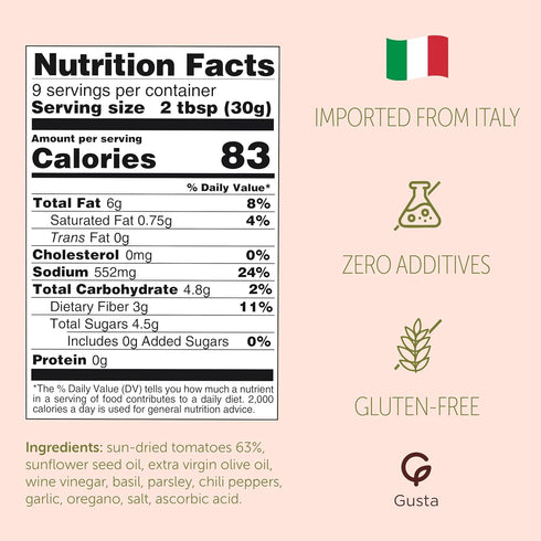 9.88oz Gusta Sun Dried Tomatoes in Olive Oil on a Bed of Spices - Made in Italy - Organic Sundried Tomato Glass Jar