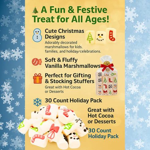 30 Count Pack, Packaging, 4.5 OZ 30 count Marshmallow Gift Soft & Fluffy Vanilla Marshmallows, Festive Holiday Treats