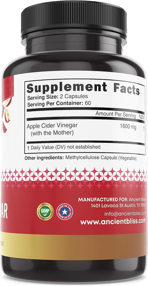 1600MG (120 Ancient Bliss Apple Cider Vinegar Organic Capsules with The Mother, Helps Improve Digestion, Unfiltered