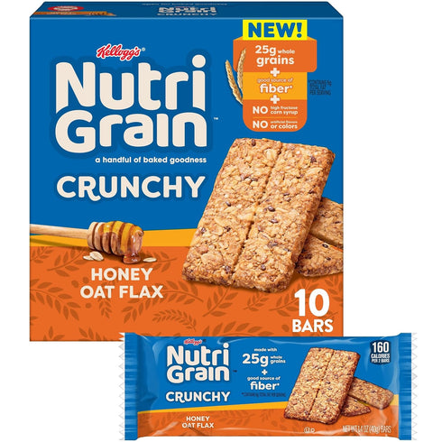 Nutri-Grain Crunchy Honey Oat Flax Bars, Fiber Bars, Whole Grain, 7oz Box