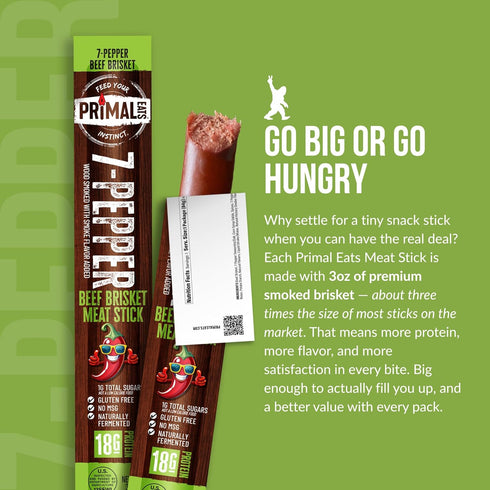 7-Pepper 100% 3oz 10-Pack 18g Primal Eats Beef Brisket Meat Sticks, - Lean Meat Protein Keto, Paleo, Carnivore, Gluten