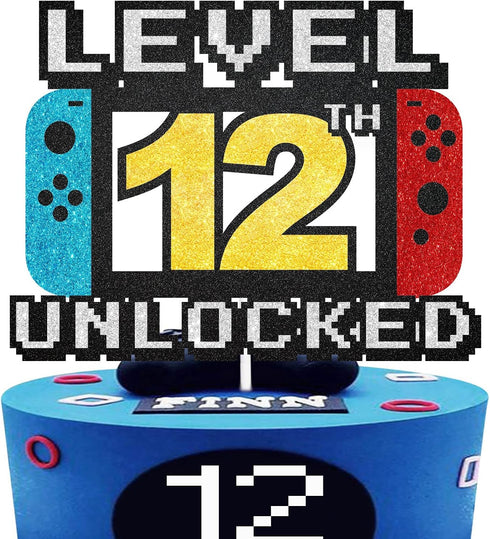 Level 12th Unlocked Cake Topper - 12th Birthday Level Up Game Theme Party Decorations for Kids