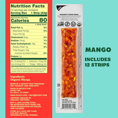 12 0.8oz (23g) Solely - Organic Mango Fruit Jerky - Individually Wrapped Fruit Strips - Fruit Leather Made from Dried