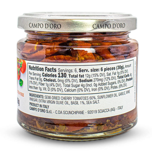 6.35oz, 100% CAMPO D'ORO - Sundried Cherry Tomatoes in Oil, Made with Fresh Basil, Glass Jar made in Italy, Sicilian