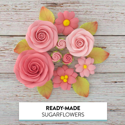 Set, 9 Count Global Sugar Art Roses & Blossoms Sugar Cake Flowers Pink, with leaves by Chef Alan Tetreault