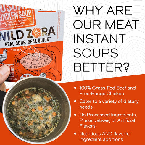 Wild Zora Instant Keto-Friendly Soups 5-Pack Variety, Broth with Grass-Fed Beef, Free-Range Chicken, Gluten-Free