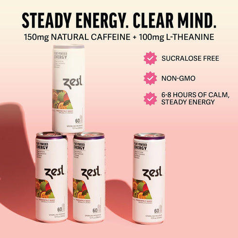 150mg 100mg 12oz 12 Pack Zest Clean Energy Drink Passionfruit Berry Caffeine + L-Theanine Natural Focus & Concentration