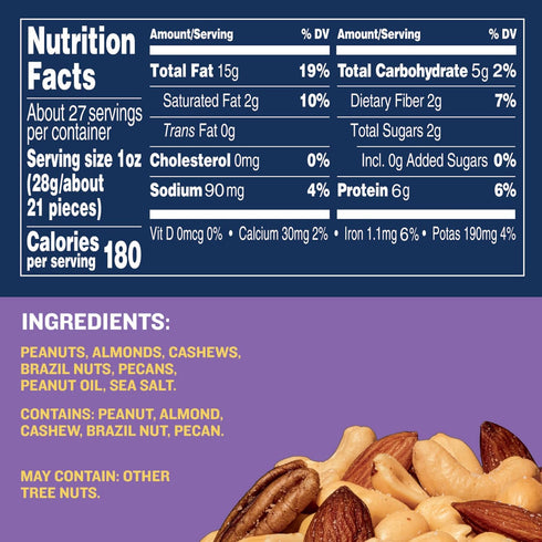 27 oz, 50% PLANTERS Mixed Nuts, Salted, Resealable Jar - Salted Nuts with Less than Peanuts (*Nuts are Measured by