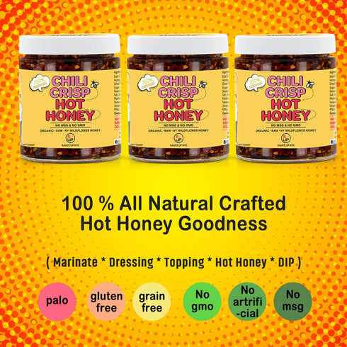 SAUCE UP 100% Natural Artisan Chili-Crisp-Hot-Honey 7.7oz- Premium 14 Ingredients, NY Local Wildflower, Mexican Chilis, GF, Zero Msg, Flavor Bomb, Crafted in NY (Mildly Hot, Sweet, Crispy, Savory)- Good on Anything!