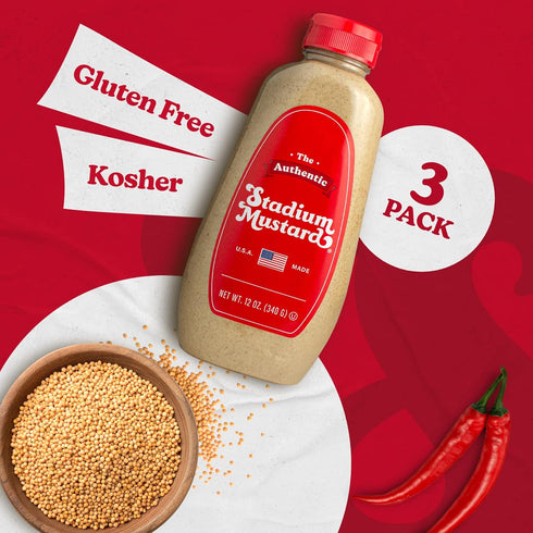 12oz (Pack 3) The Authentic Stadium Mustard. The Classic Condiment for Hot Dogs and Hamburgers. Gluten Free, Sugar