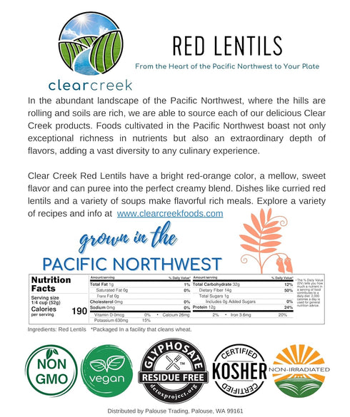 4 LB CLEAR CREEK Certified Glyphosate Residue Free Red Lentils | | Non-GMO | Kosher | Vegan