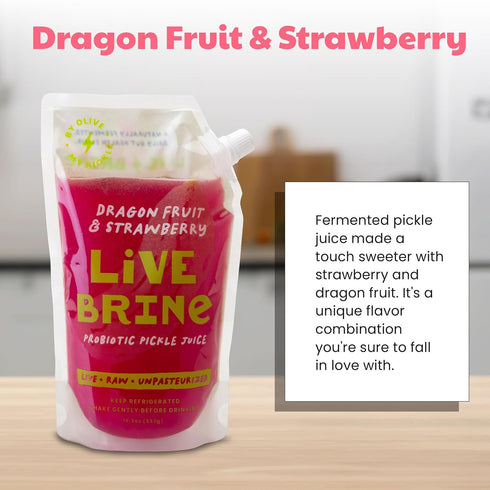 39 2 Pack 26 Olive My Pickle Probiotic Pickle Juice - Ounces | of LiveBrine Dragon Fruit & Strawberry Pickle Juice