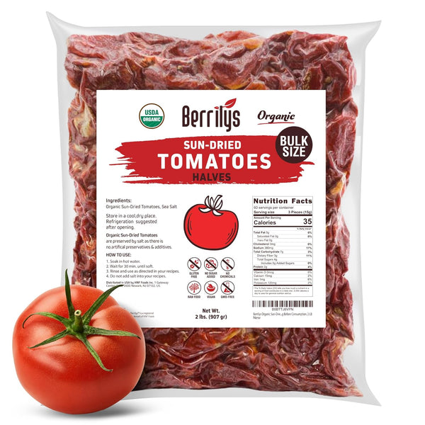 Sun-Dried Tomatoes, 2 LBS, USDA Organic, Berrilys, No Sulfur, No Preservatives, Seasalt
