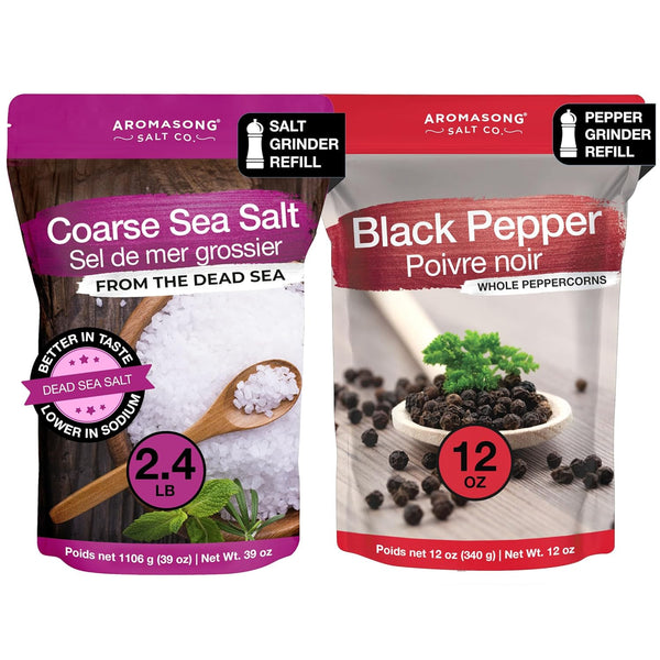 Aromasong Organic Coarse Sea Salt (2.43 LB.) with Black Peppercorn (12 OZ)