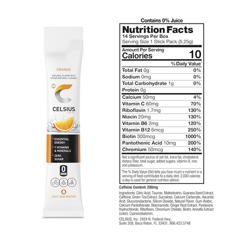 CELSIUS On-the-Go Powder Stick, Zero Sugar, Orange, 14 Sticks per Pack, 2.60 Oz