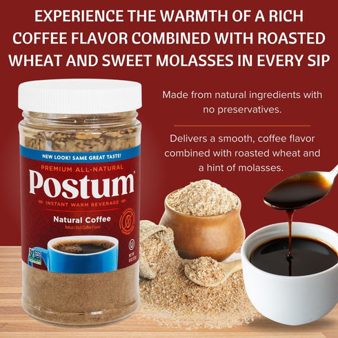 Postum Natural Coffee Flavor Coffee Substitute, 8oz, Caffeine Free with Roasted Wheat Bran & Molasses, Vegan