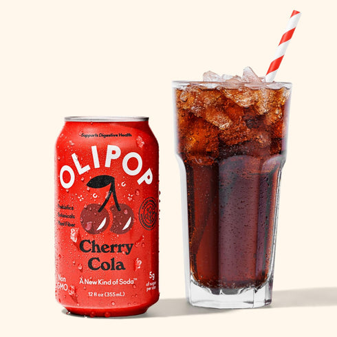 Pack Packed 12oz (12-Cans) OLIPOP Prebiotic Soda Pop, Cherry Cola, Pantry with Prebiotics, Fiber, and Botanicals
