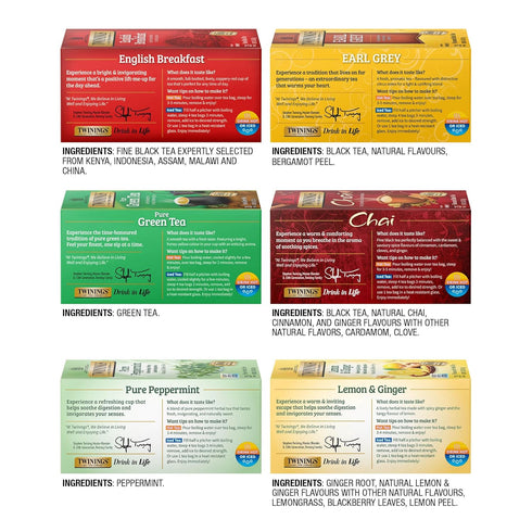 Pack 25 Count (Pack 6) 150 Twinings Variety Tea Bags, of Includes English Breakfast, Earl Grey, Lemon Ginger