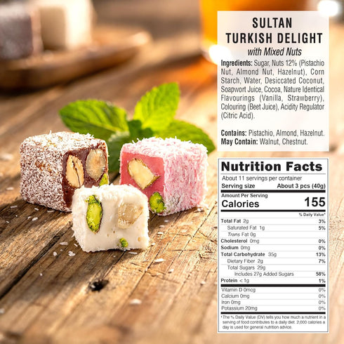 16oz (454g) Hazer Baba Sultan Turkish Delight Candy with Pistachio, Almond, Hazelnut & Coconut Dusted, Gourmet Snack
