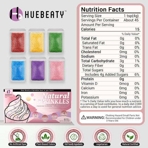 Huebeaty 6-in-1 180g Dye Free Rainbow Sanding Sugar Sprinkles Natural Edible Sprinkles for Cake Decorating and Baking